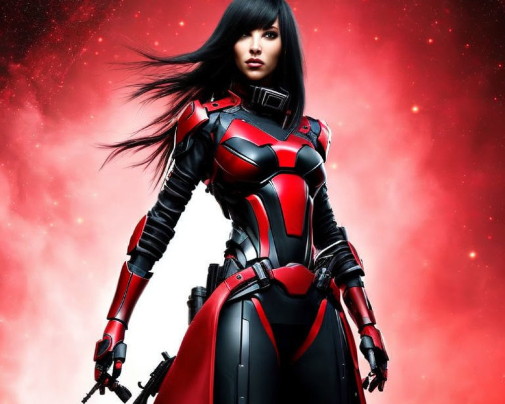 Female character in black and red armored bodysuit with long hair on red starry backdrop.