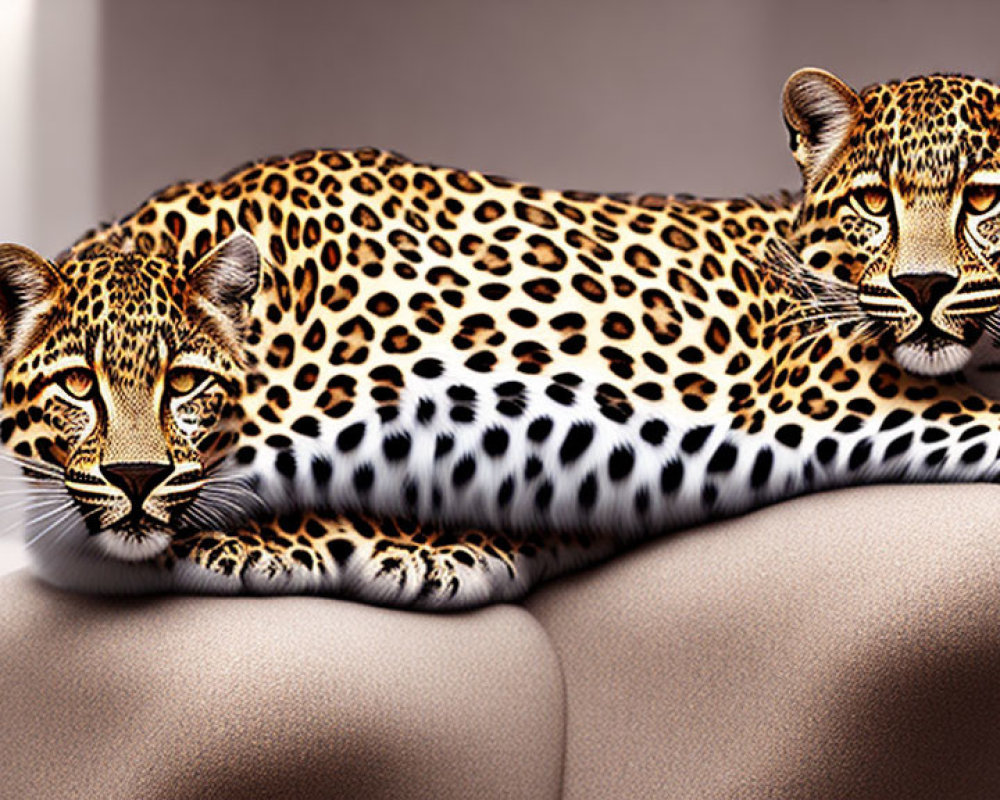 Two Leopards Relaxing on Soft Beige Surface