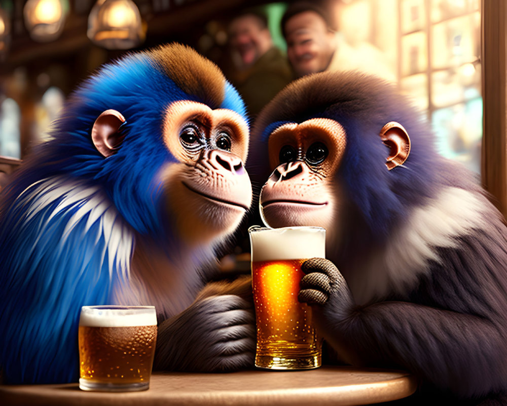 Anthropomorphized monkeys in cozy pub setting with warm lighting.