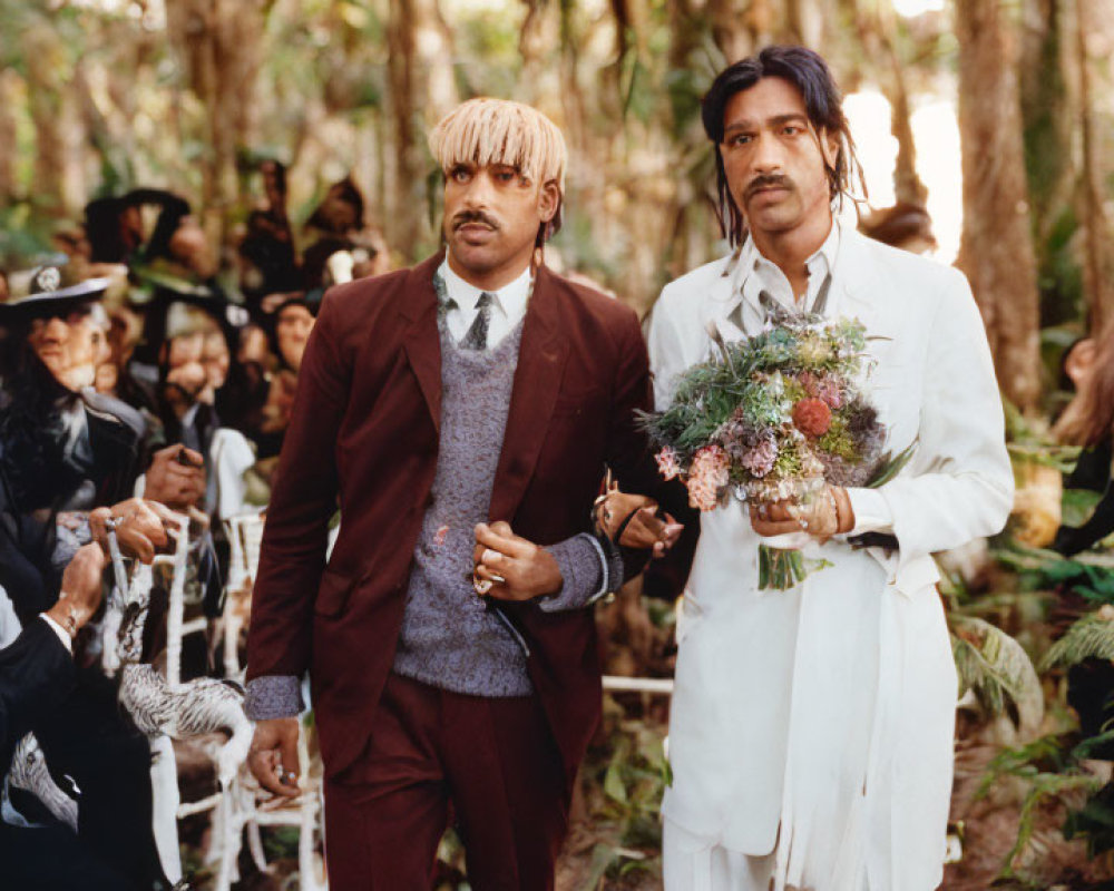 Men in white and brown suits with flowers at outdoor event among eclectic guests in forest