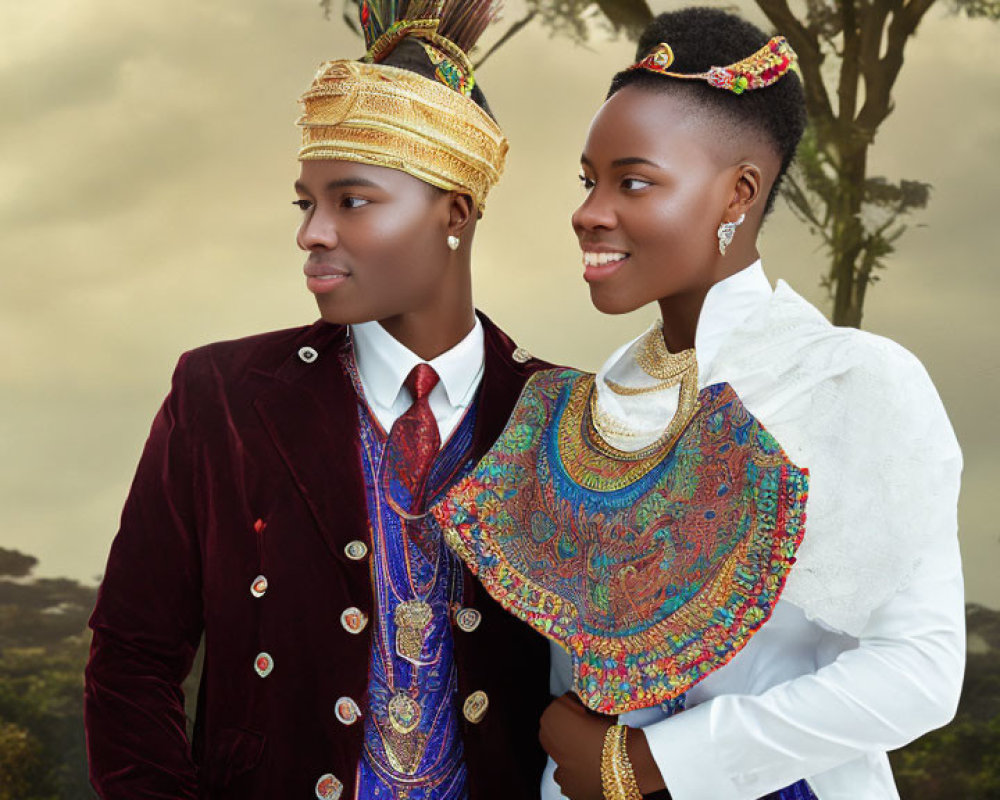 Traditional African Attire with Beadwork and Headdresses Against Cloudy Sky