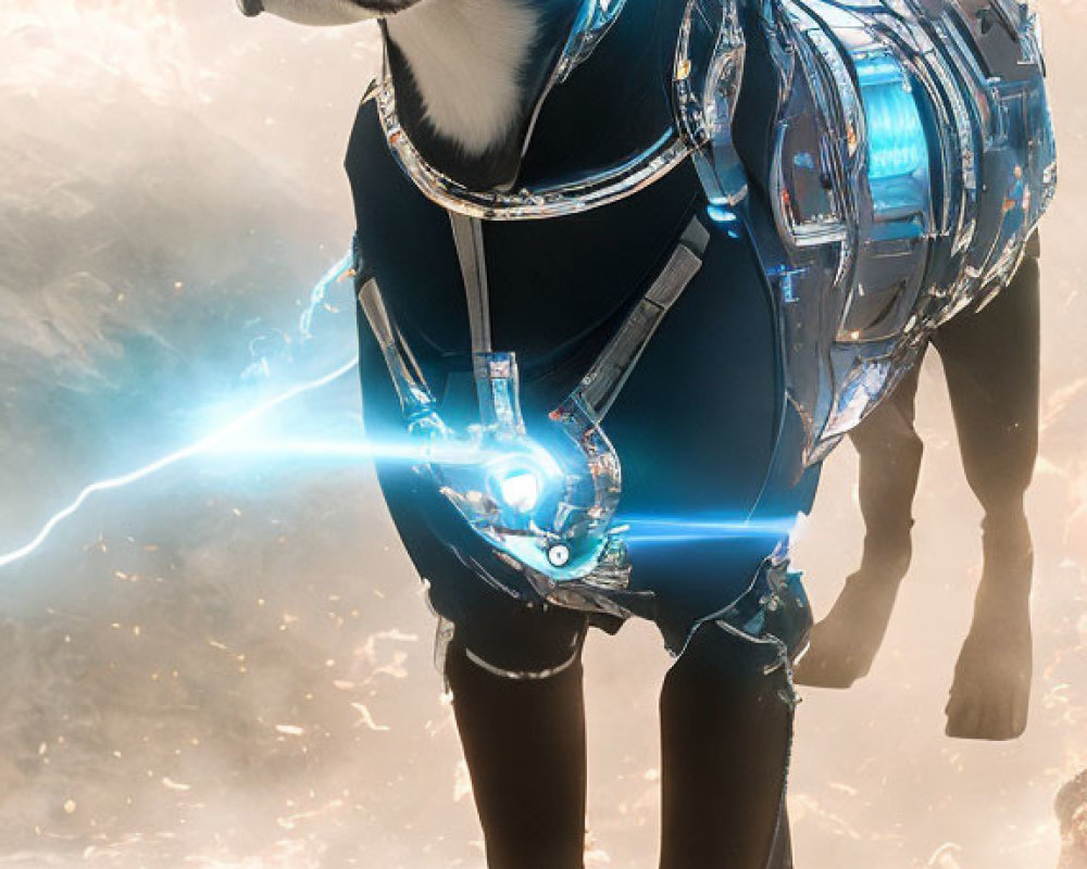 Futuristic armor-clad dog in mystical fog with torch