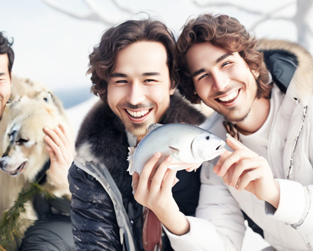 Three friends with fish and husky in snowy outdoor scene