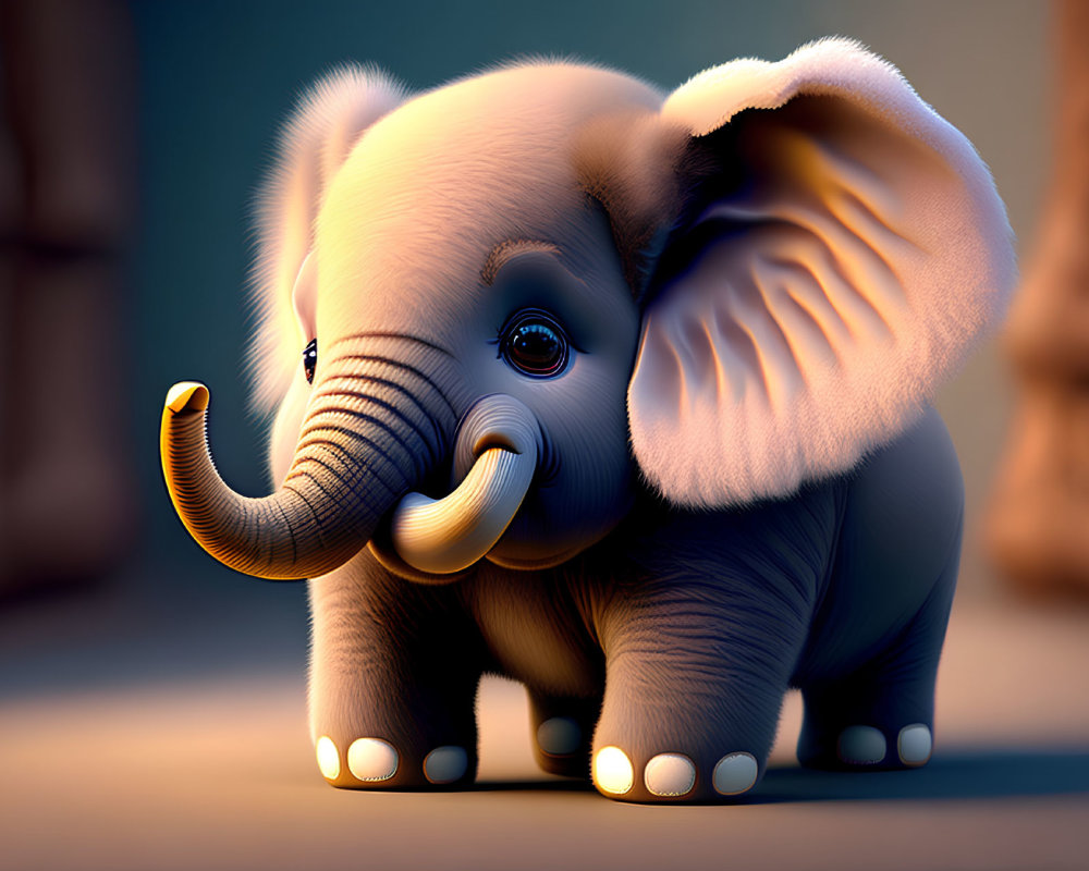 Stylized animated baby elephant with expressive eyes on warm background