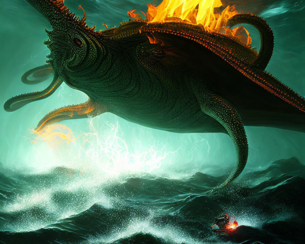 Glowing fire-crowned sea creature towers over boat in emerald waves