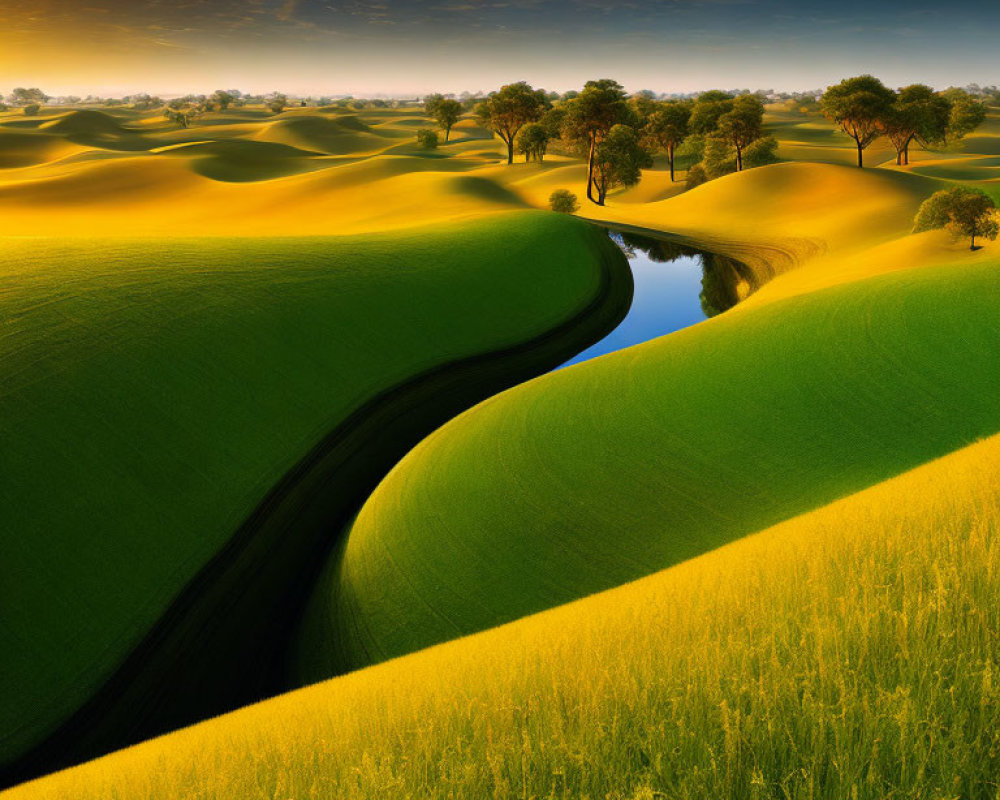 Tranquil landscape with green hills, trees, river, and blue sky