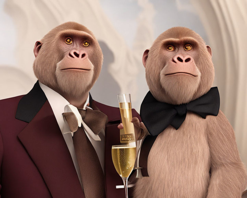 Animated baboons in formal attire with champagne in elegant setting