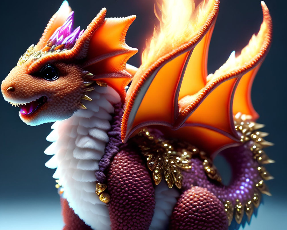 Colorful Dragon Figurine with Orange Flames on Cool Background