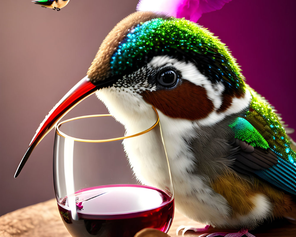 Colorful Fantastical Bird with Long Beak and Hummingbird by Glass of Red Wine