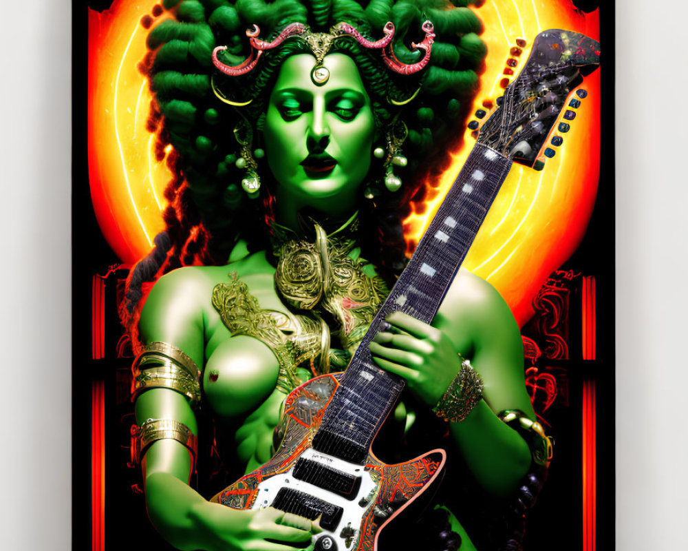 Vivid illustration of green-skinned female playing guitar in fiery setting