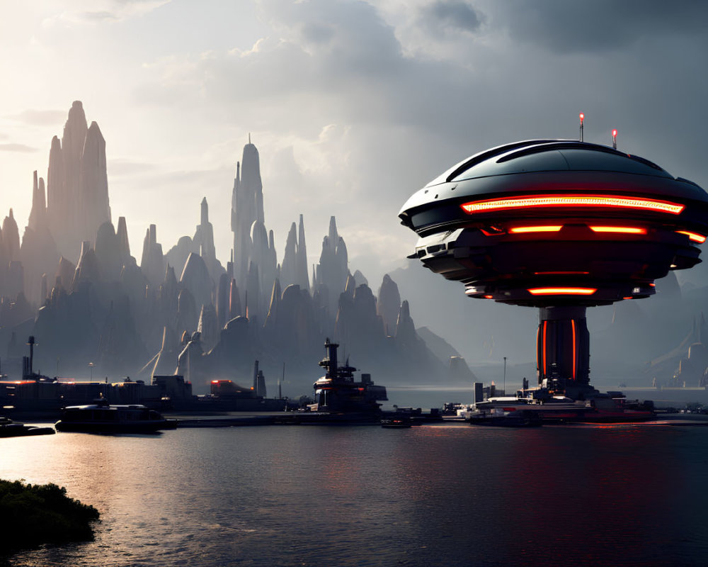 Futuristic spaceship over coastal city at dusk