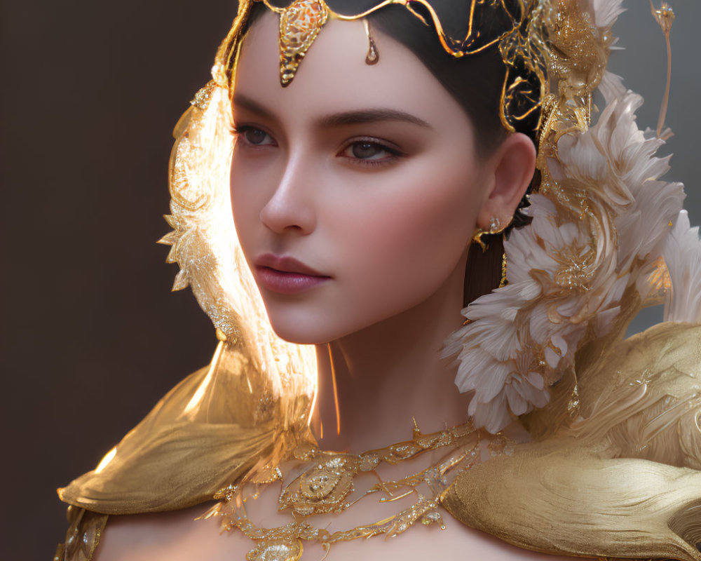 Pale-skinned woman with dark hair in gold headdress, feathers, shoulder armor, and jewelry.