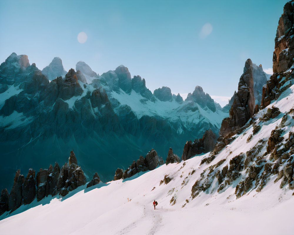 Snowy mountain pass with rocky peaks under clear blue sky