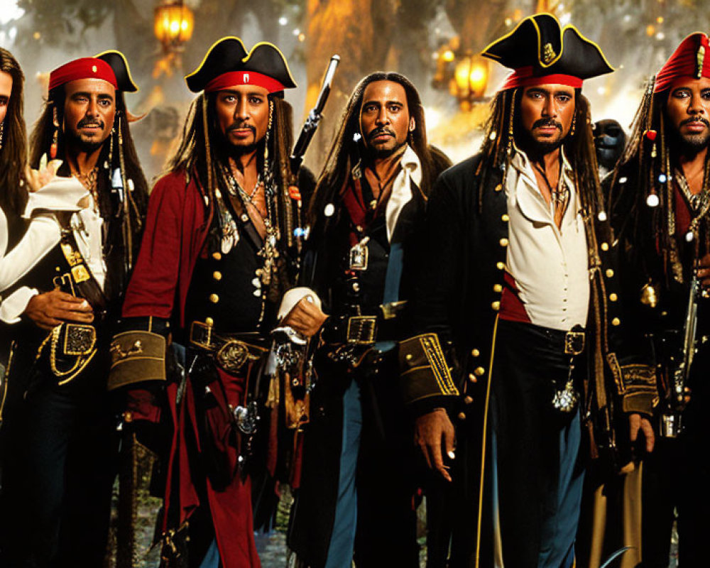 Seven individuals in pirate costumes pose in mystical forest setting