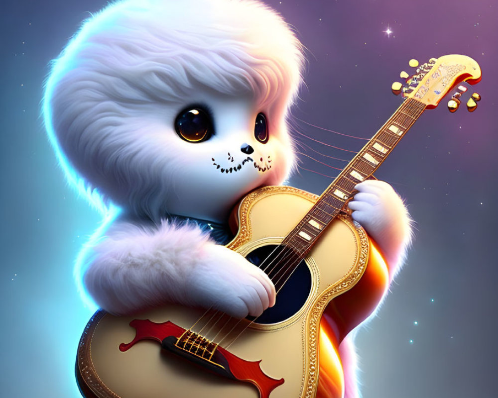 Anthropomorphic white cat playing guitar in magical setting