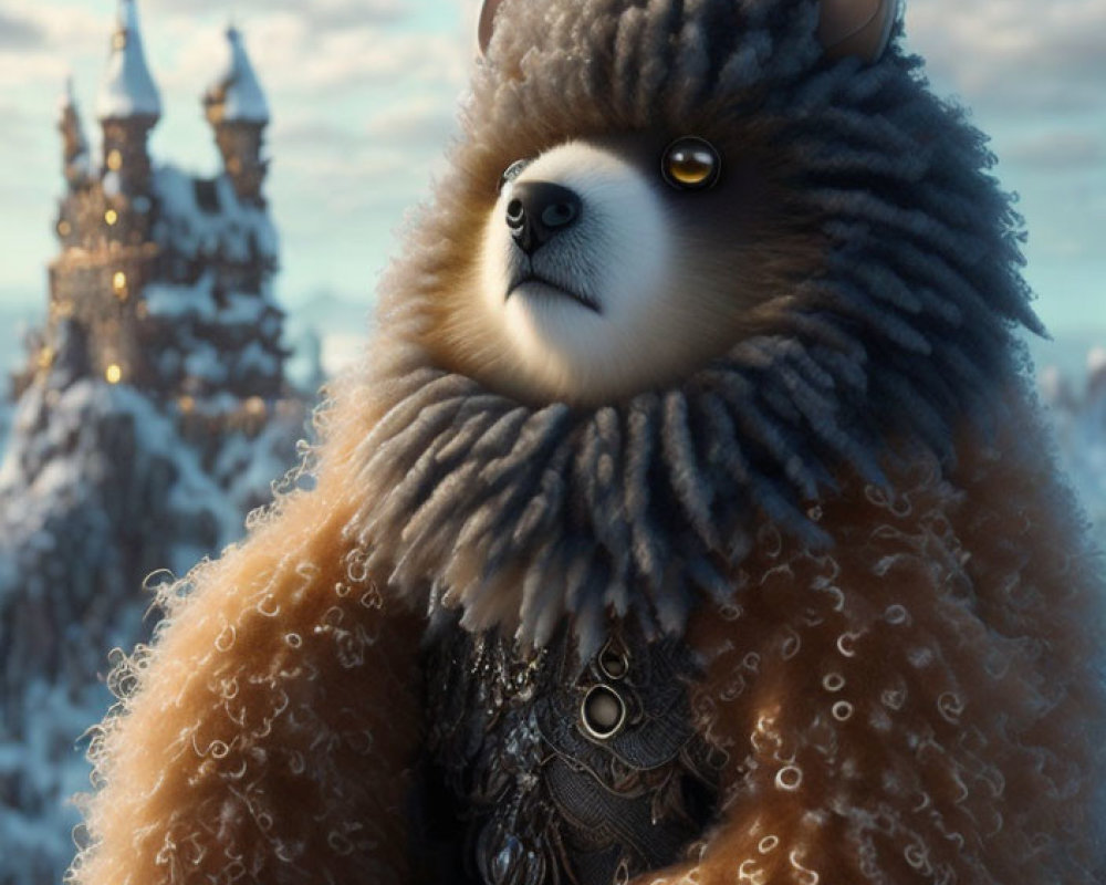 Bear-like Creature in Medieval Garment Poses by Snowy Castle