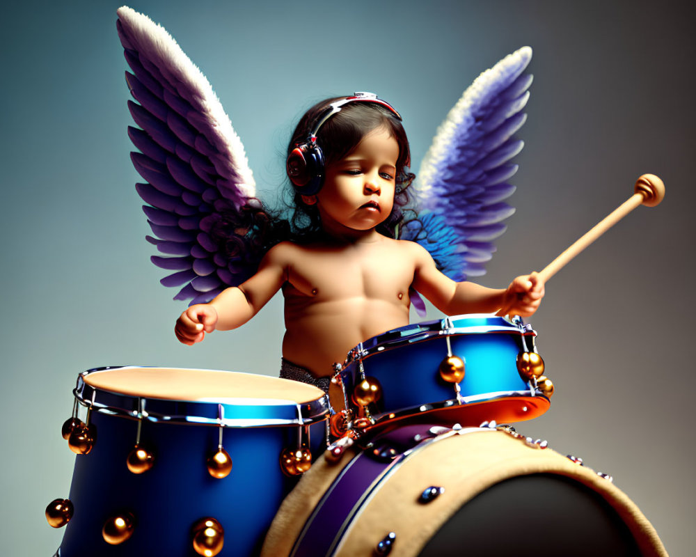 Toddler with angel wings playing drum set on blue background