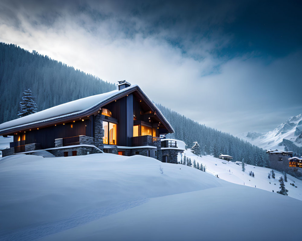 Snowy Mountain Chalet with Illuminated Windows in Twilight Landscape