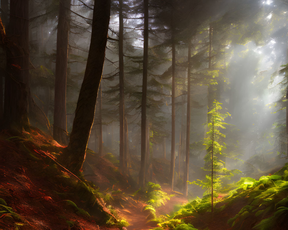 Misty forest with sunlight filtering through towering trees