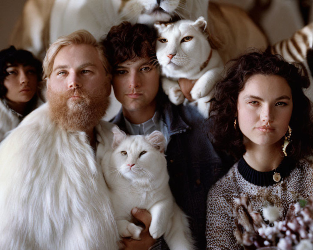 Group of People with Plush Big Cat Toys in Eclectic Setting