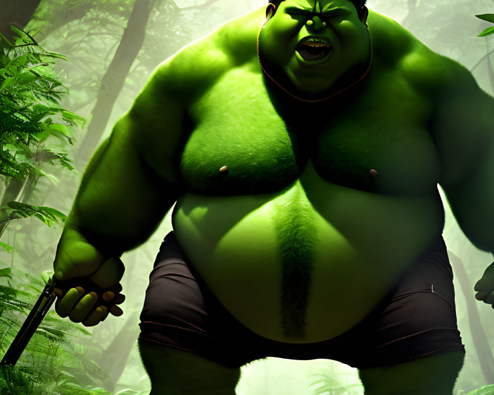 Animated Hulk in misty green forest with frown and club