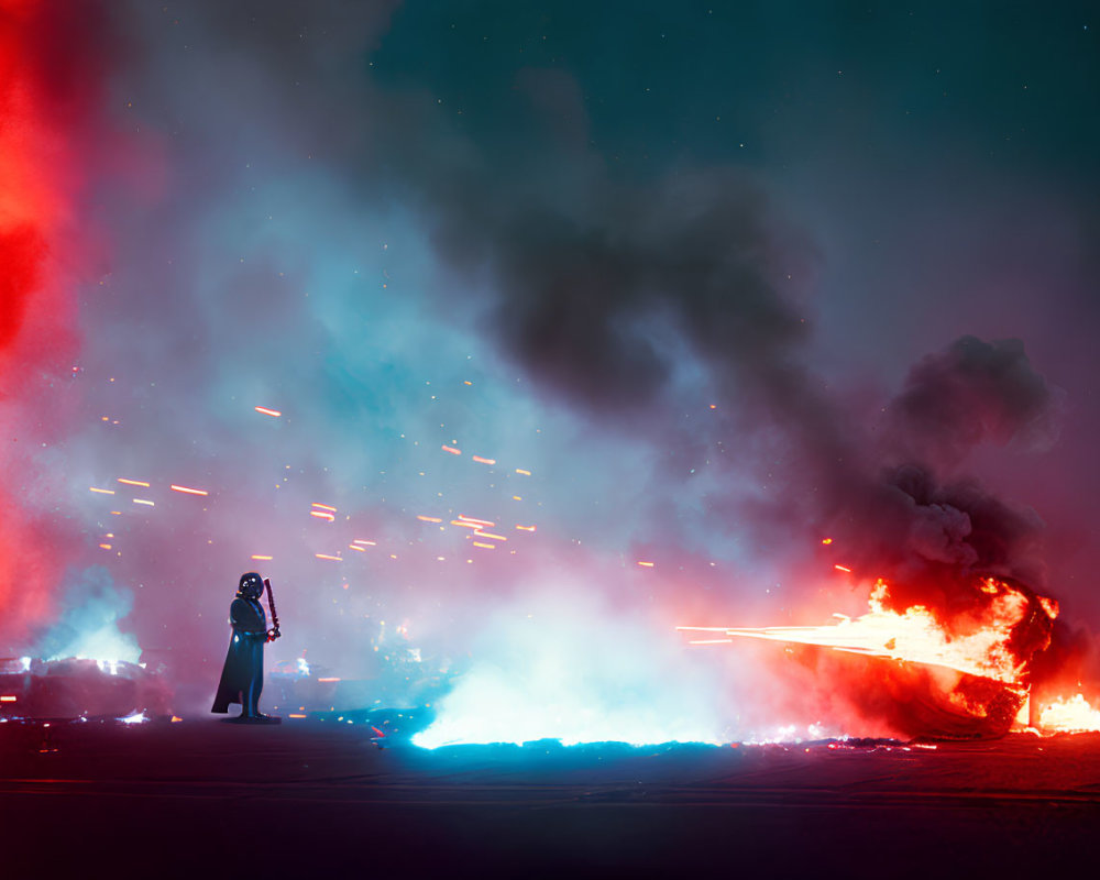 Person surrounded by vibrant fireworks and flaming vehicle in night scene