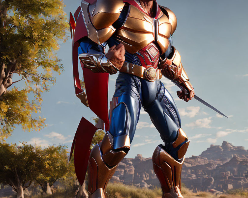 Muscular superhero in red cape and golden armor wields sword on rocky terrain