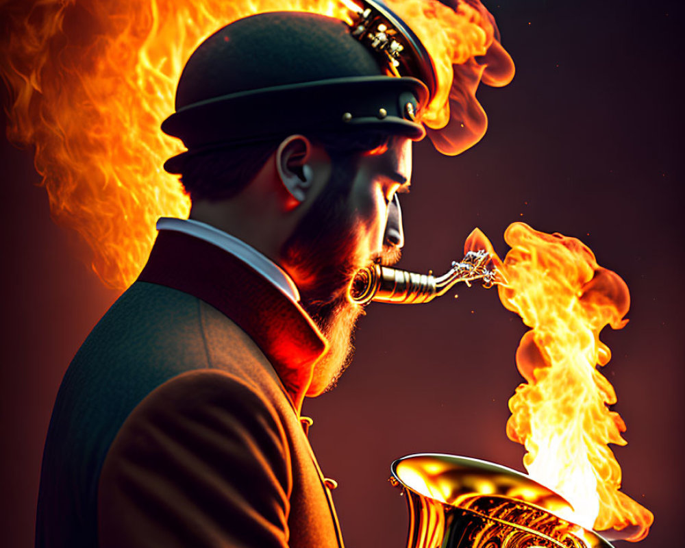 Man in bowler hat playing brass instrument with fiery plume against dark background