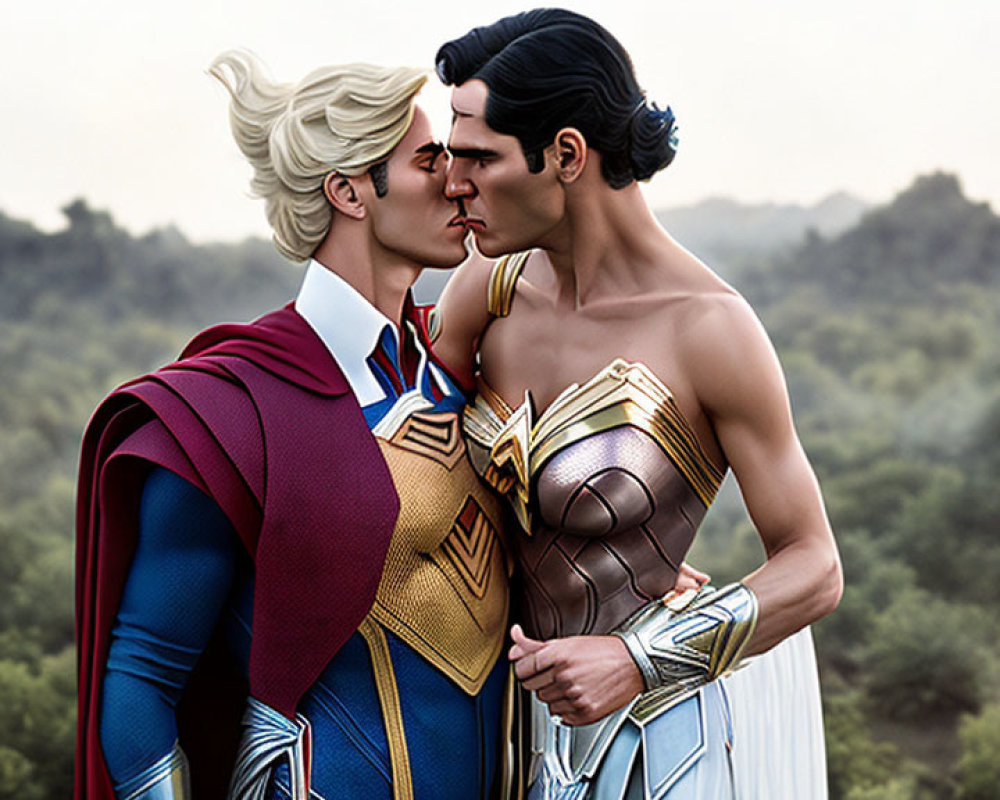 Animated superheroes in romantic pose against natural backdrop