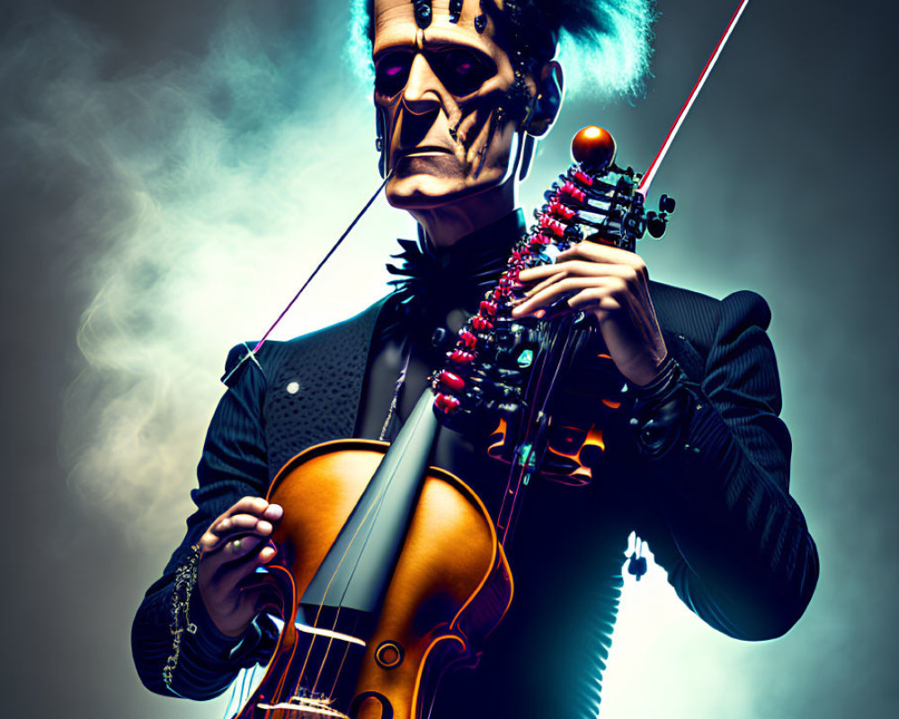 Colorful Punk Hairstyle Character Playing Violin with Exaggerated Features