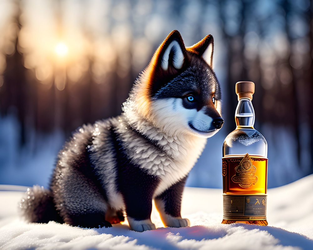 Plush Husky Puppy Toy with Bottle in Snow at Sunset