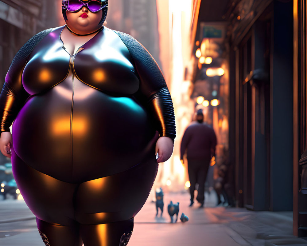 Stylized image of plus-size woman in shiny cat costume on city street