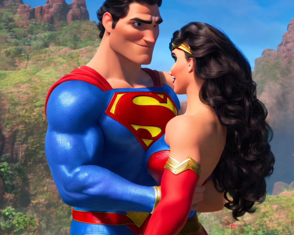 Male and female animated superheroes in blue, red, gold, and cape gaze lovingly.