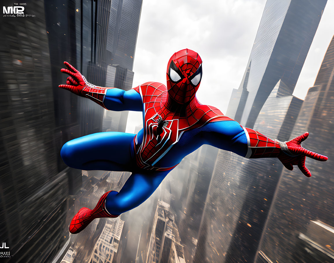 Person in Spider-Man costume mid-air between skyscrapers mimics iconic pose