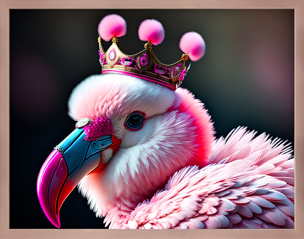 Colorful Stylized Bird with Pink Crown and Bejeweled Mask on Blurred Background