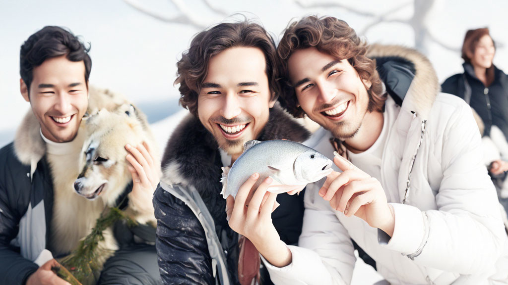 Three friends with fish and husky in snowy outdoor scene