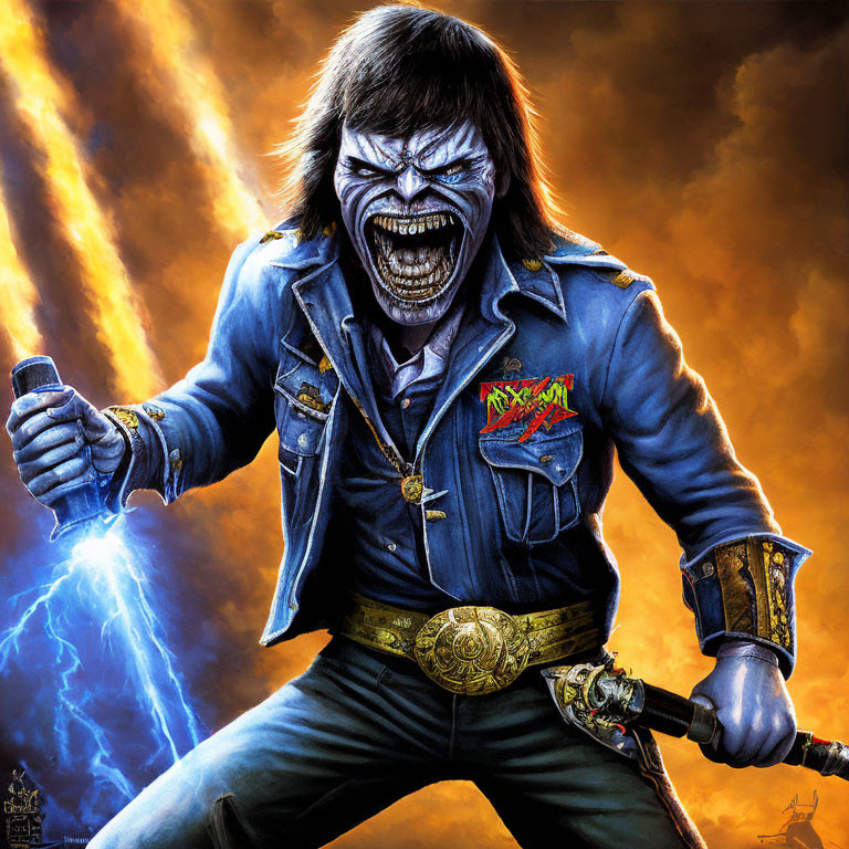 Illustration of snarling character in denim jacket with metal band patch, holding chain in fiery setting