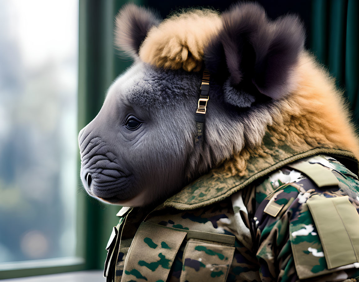 Digital artwork of koala with human-like body in military jacket gazing out window