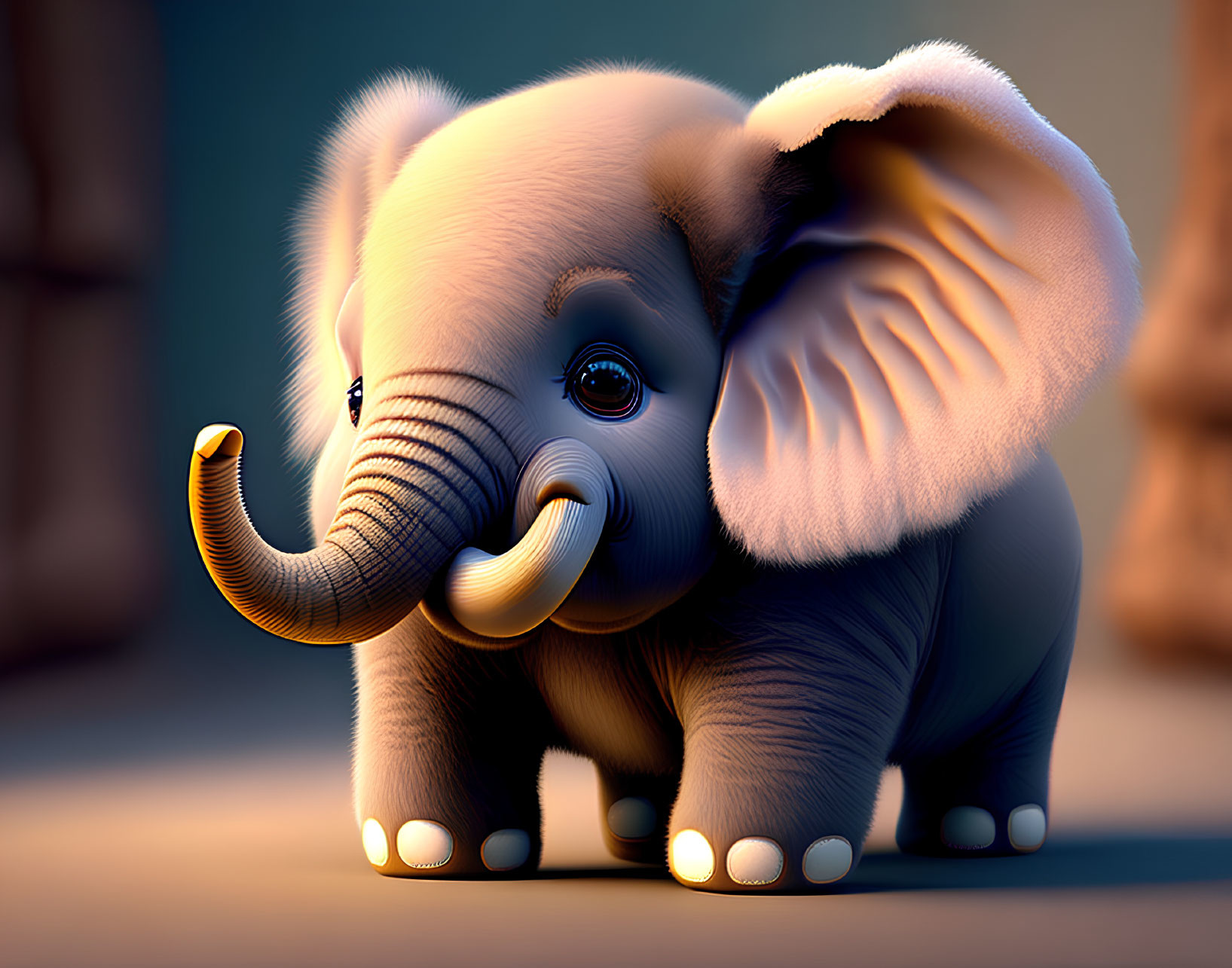 Stylized animated baby elephant with expressive eyes on warm background