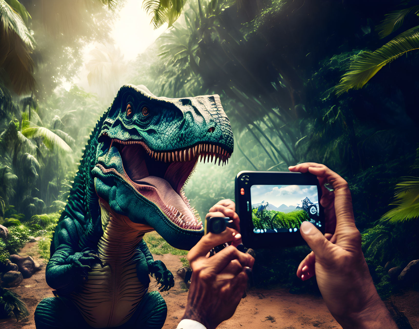 Photographer captures lifelike dinosaur model in lush jungle with smartphone