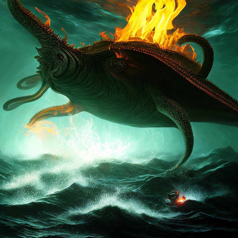 Glowing fire-crowned sea creature towers over boat in emerald waves