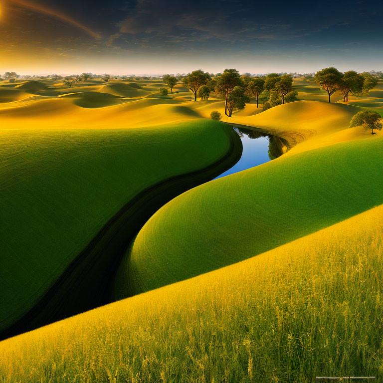 Tranquil landscape with green hills, trees, river, and blue sky