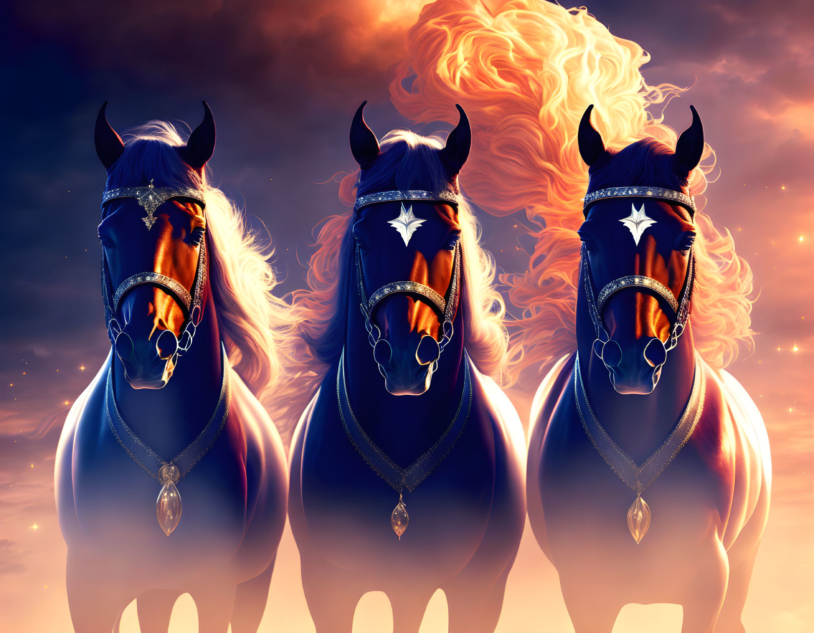 Three majestic horses with glowing manes and ornate bridles on fiery nebula backdrop