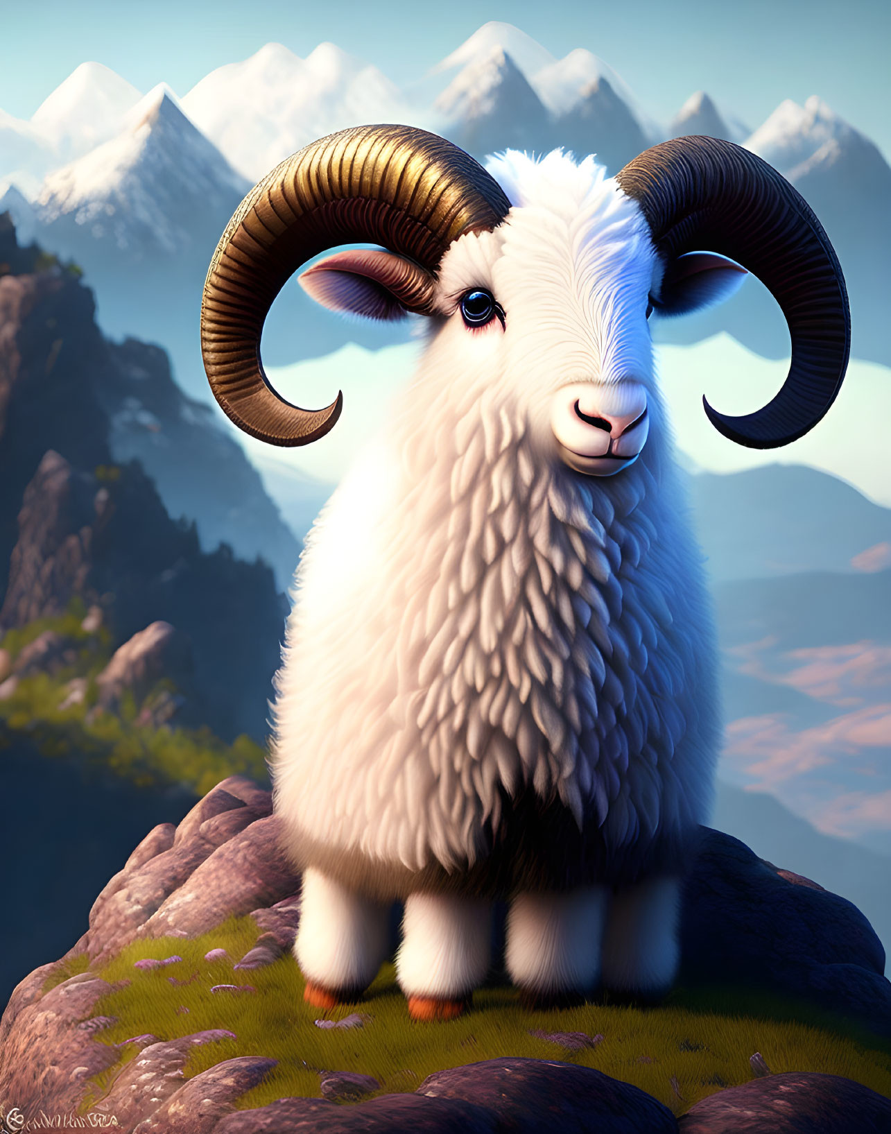 Fluffy white ram with curved horns on rocky peak with mountains.