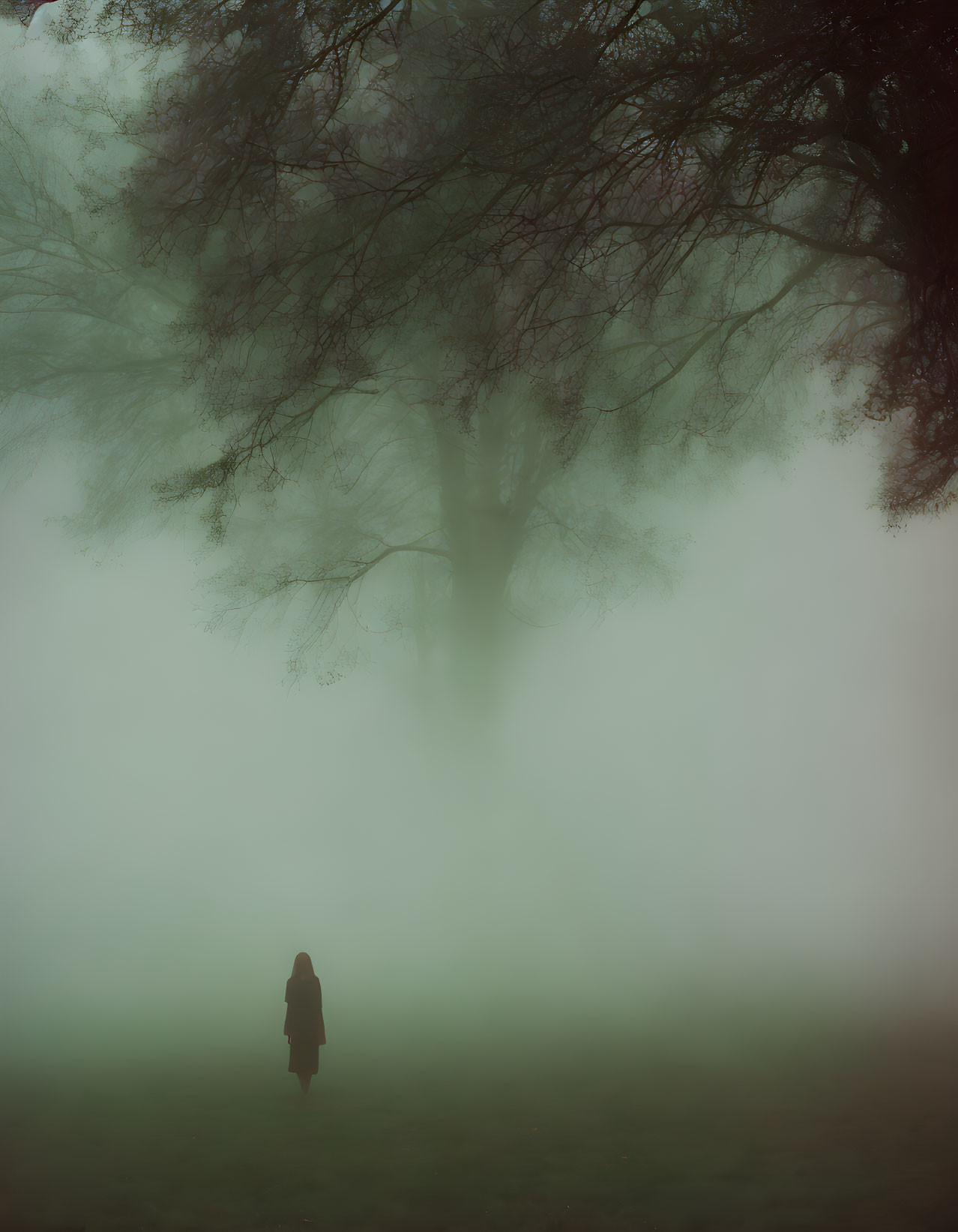 Mysterious figure under foggy tree creates moody scene