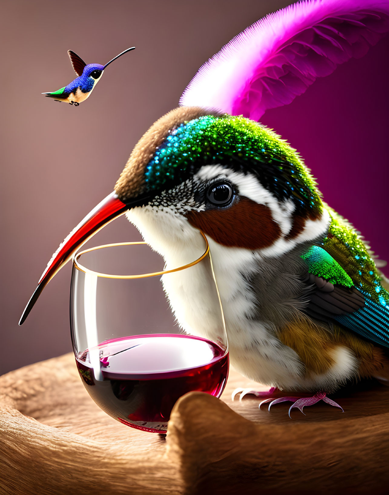 Colorful Fantastical Bird with Long Beak and Hummingbird by Glass of Red Wine