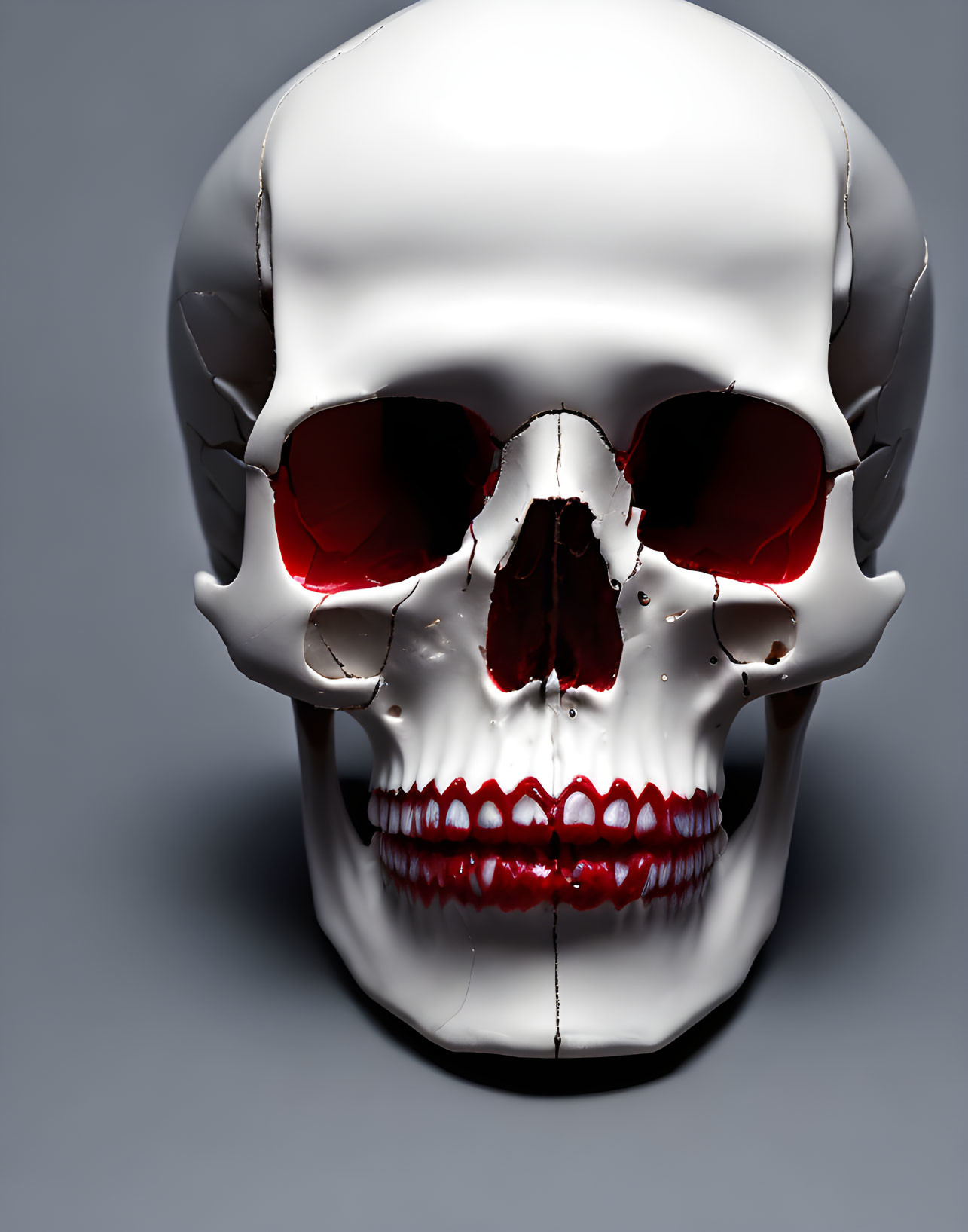 Shiny red eye sockets and teeth on glossy white skull against gray background