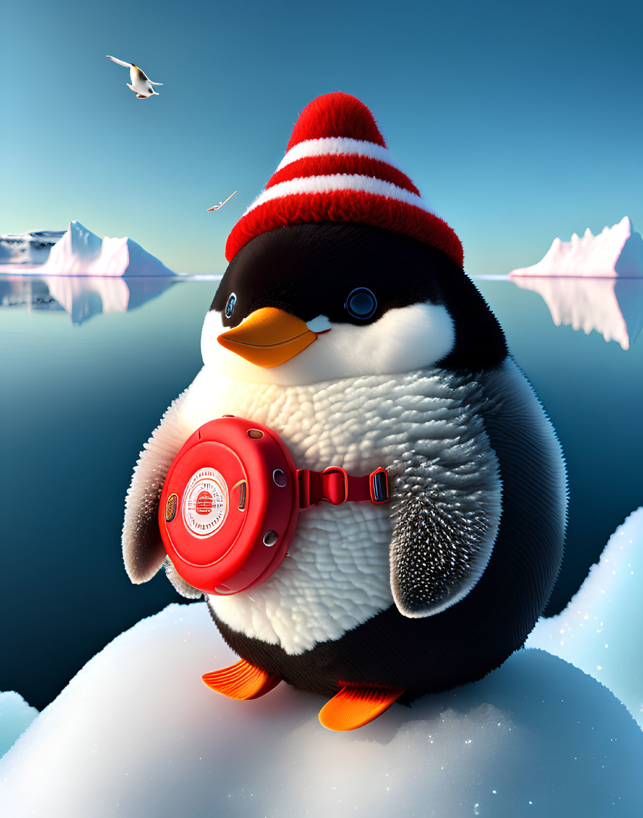Cartoon penguin with striped hat and lifesaver in icy landscape