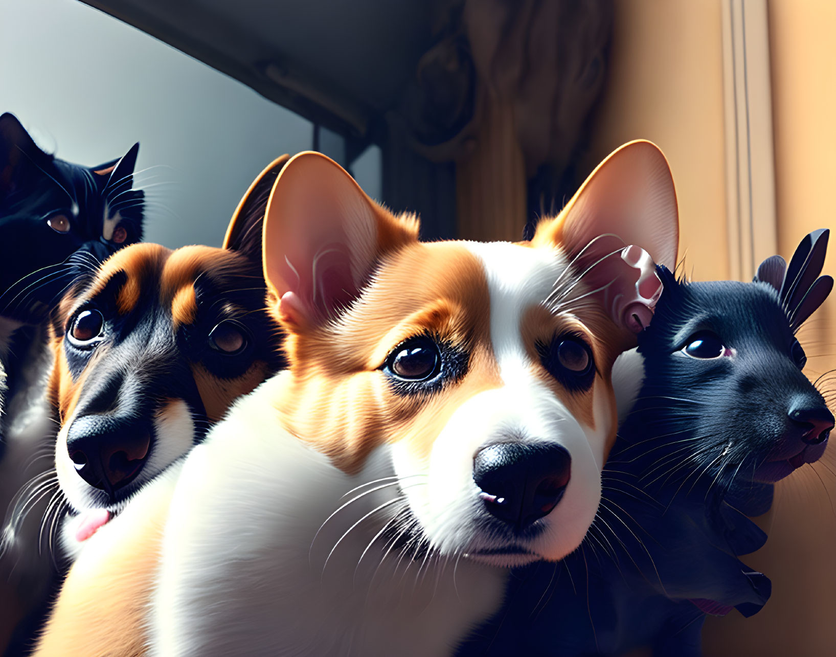 Four Domestic Animals with Corgi and Black Cat Looking at Camera