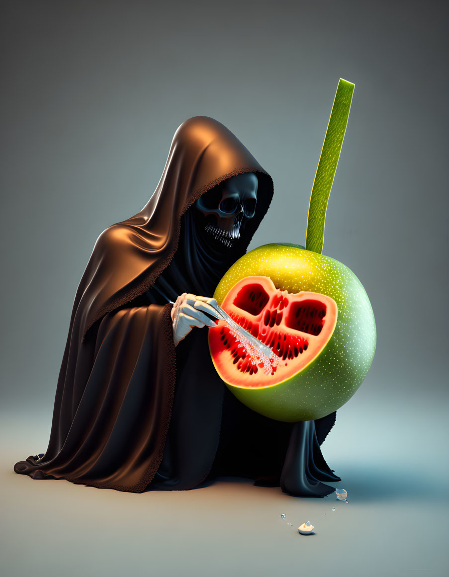 Hooded grim reaper with watermelon slice and seeds message